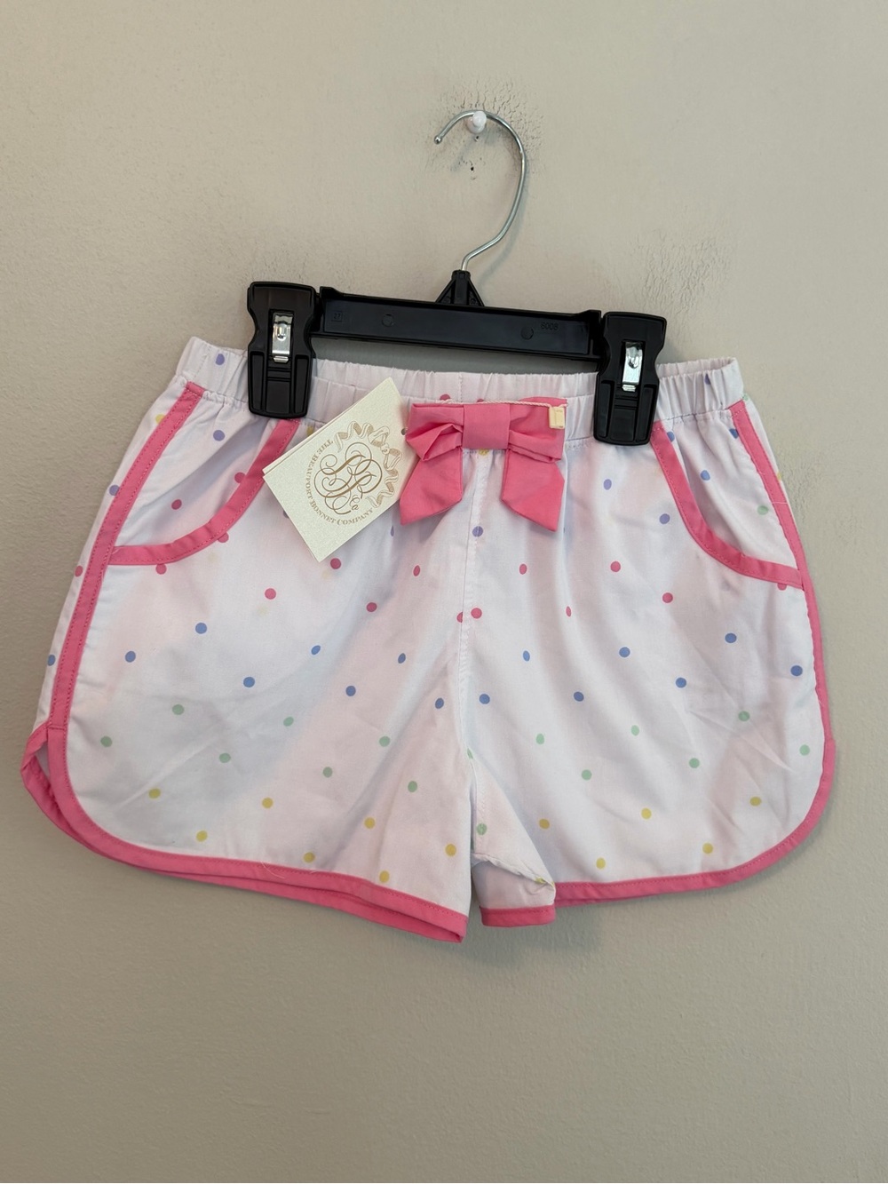 The Beaufort Bonnet Company White Polka Dot Shorts with Pink Trim & Bow